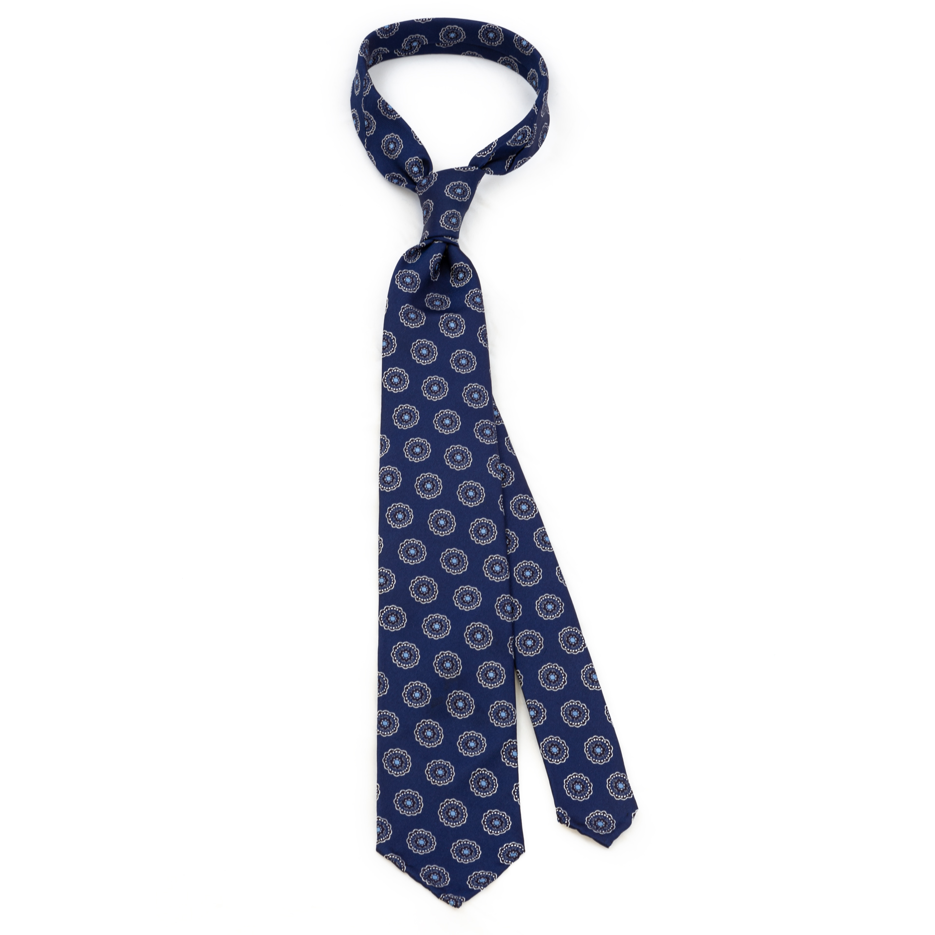 Blue 5-fold floral print silk tie