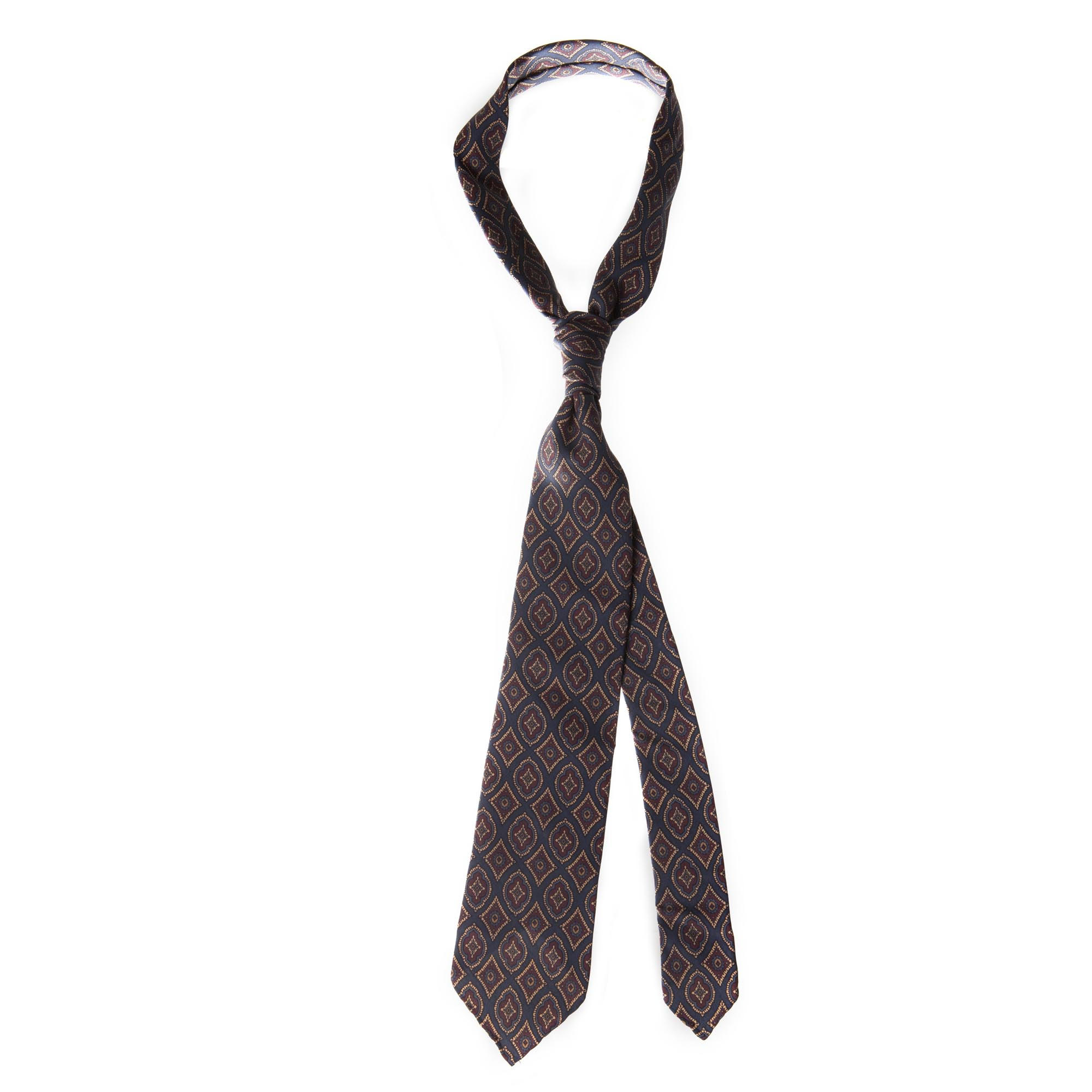 Blue 5-fold medallion motif soft silk tie